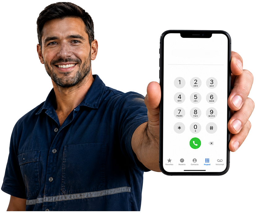 Glenmore Park Blocked Drains plumber holding a phone — call 1300 261 965