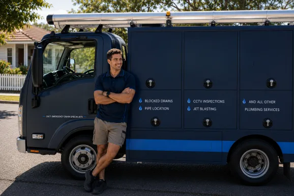 Plumber standing beside a service van in Glenmore Park
