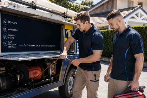 Two plumbers working on a blocked drain in Glenmore Park