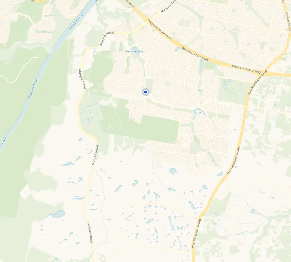 Map of the Glenmore Park service area and the surrounding Penrith region, showing Glenmore Park and the nearby streets we cover.