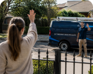 Customer waving goodbye to a Glenmore Park Blocked Drains plumber